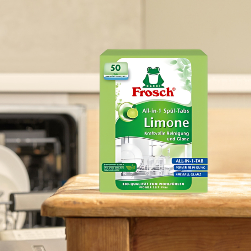 Hộp viên rửa chén hữu cơ Frosch All in 1 hương chanh 50 viên – Sạch bóng an toàn, thân thiện với môi trường